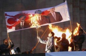 Armenian Youths Burnings Banner with Turkey Prime minister, President and foreign affairs minister.