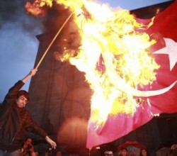Armenian Nationalist youth burn the Turkish Flag during Rally on Friday
