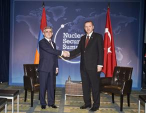 Turkish Prime Minister Recep Tayyip Erdogan and Armenian President Serzh Sargsian during the Nuclear 