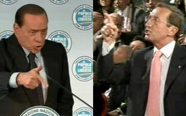 Italian Prime Minister, Berlusconi and key ally Fini argue during rear public debate