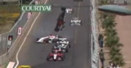 Formula 2 car crash Vehicle of -- in the airborn before crashing to the ground 50 metres away
