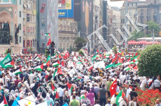 Thousands of protesters in Taksim Square protesting the Israeli military attacks on aid ships to the Gaza Strip. 