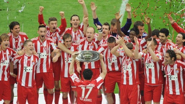 Bayern Munich receiving the shield after being declared the champions of the Bundesliga