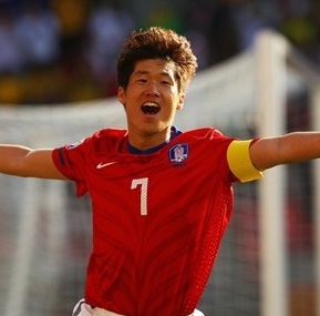 Celebrations by Park Ji-Sung after scoring his first and his teams second goal against Greece