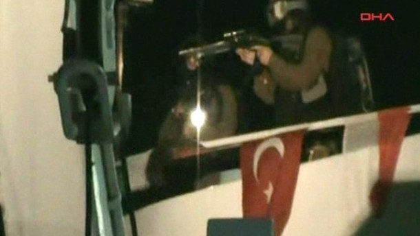 Israeli soldiers on board the Mavi Marmara, the lead ship of the aid Flotilla.
