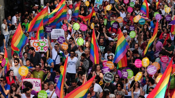 People take part in the Gay Pride Parade on Istiklal Street in Istanbul, Turkey on Sunday.