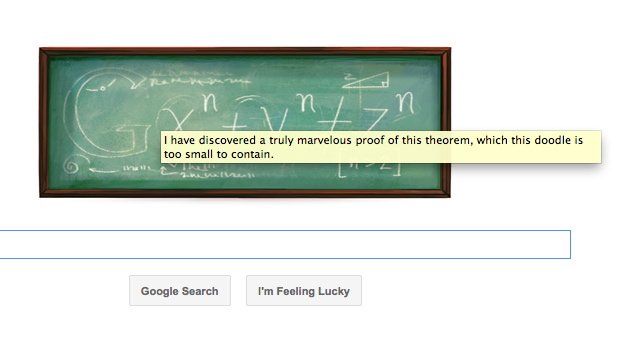 Google Doodle today : Fermat and his Last Theorem