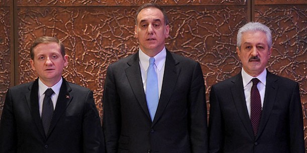 Göksel Gümüşdağ (L), Lütfi Arıboğan (C) and Mehmet Ali Aydınlar (R) at the start of TFF Grand Meeting convened to decide on match fixing penalties