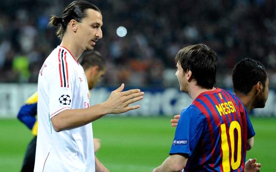 Milan vs Barcelona, Ibrahimovic shakes hand with former teammate Messi after goalless draw
