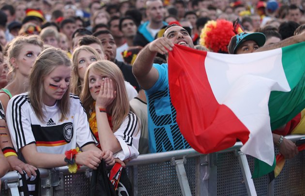 Tears and joy in one picture, taken in Germany during public viewing of Germany vs Italy Euro 2012 game