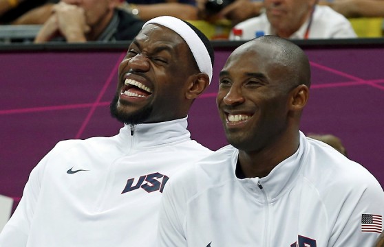 Lebron shares laughter with Kobe Byrant during US Basketball Teams rout of Nigeria at London Olympics