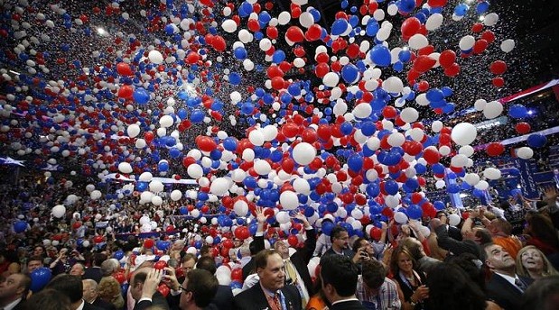 Balloons fall as Republican presidential nominee Mitt Romney and Republican vice presidential nominee, Rep. Paul Ryan's families take the stage at the Balloons fall as Republican presidential nominee Mitt Romney and Republican vice presidential nominee, Rep. Paul Ryan's families take the stage at the