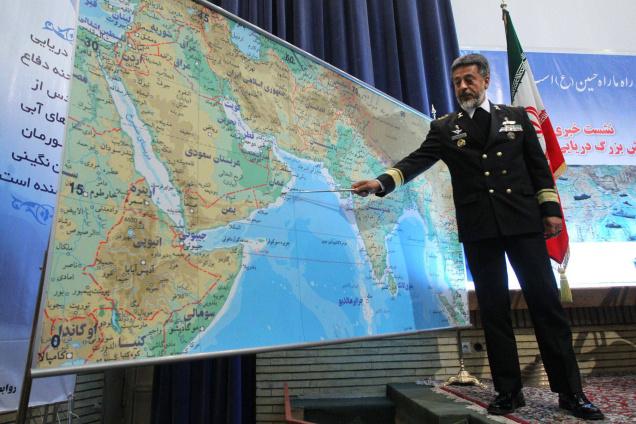 Iran's Navy Commander Admiral Habibollah Sayari prior to an Iranian Navy drill on Hormuz strait