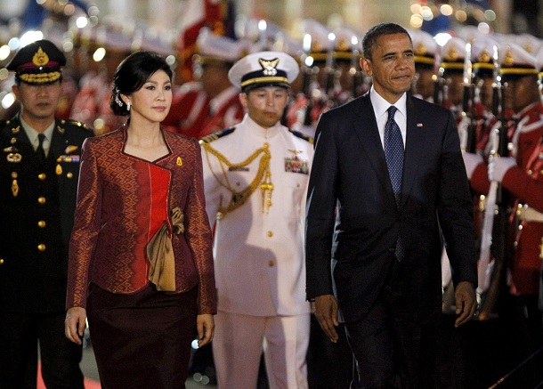 US President Barack Obama (R) is accompanied by Thai Prime Minister Yingluck Shinawatra (L) review the guard of honor during a welcoming ceremony at Government House in Bangkok, Thailand, 18 November 2012. Obama is visit Thailand to mark 180 years of diplomatic relations between the two countries as part of his South-East Asia trip include stops in Cambodia and Myanmar aimed to normalize relations with the long-isolated ASEAN nations. US President Barack Obama (R) is accompanied by Thai Prime Minister Yingluck Shinawatra (L) review the guard of honor during a welcoming ceremony at Government House in Bangkok, Thailand, 18 November 2012. Obama is visit Thailand to mark 180 years of diplomatic relations between the two countries as part of his South-East Asia trip include stops in Cambodia and Myanmar aimed to normalize relations with the long-isolated ASEAN nations.
