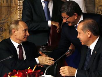 Putin Erdogan meeting focuses on Syria Crisis and Syrian spoils of aftermath, tearjerker Turkish FM Davutoglu shaking hands with Putin