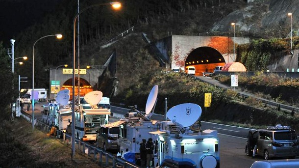 Picture shows a view of the Sasago tunnel along the Chuo highway near the city of Otsuki in Yamanashi prefecture, 80 kms west of Tokyo on December 3, 2012 following the tunnel collapsed on December 2. Japan ordered inspections of ageing highway tunnels on December 3 after a fiery collapse that killed nine people, as suspicion over the cause of the accident centred on decaying ceiling supports. Picture shows a view of the Sasago tunnel along the Chuo highway near the city of Otsuki in Yamanashi prefecture, 80 kms west of Tokyo on December 3, 2012 following the tunnel collapsed on December 2. Japan ordered inspections of ageing highway tunnels on December 3 after a fiery collapse that killed nine people, as suspicion over the cause of the accident centred on decaying ceiling supports.