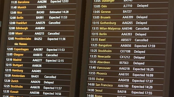 An arrivals board at Terminal 5, Heathrow Airport showing some delayed and cancelled flights as the winter weather continued across the UK. An arrivals board at Terminal 5, Heathrow Airport showing some delayed and cancelled flights as the winter weather continued across the UK.