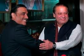 Pakistan president Asif Ali Zardari and opposition leader Nawaz Sharif shaking hands. File Pic