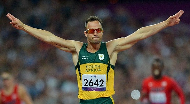 Gold medalist Oscar Pistorius of South Africa celebrates after the men's 400m T44 final at the London 2012 Paralympic Games in London, Britain, on Sept. 8, Gold medalist Oscar Pistorius of South Africa celebrates after the men's 400m T44 final at the London 2012 Paralympic Games in London, Britain, on Sept. 8,