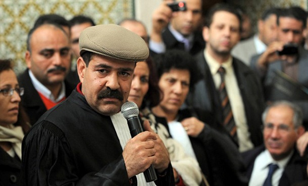 A picture taken on December 29, 2010 shows Tunisian lawyer and human rights activist Choukri Belaid speaking as he attends a meeting along with other lawyers in Tunis to express their solidarity with the residents of Sidi Bouzid. Belaid, a senior leader in Tunisia's left-leaning opposition Democratic Patriots party, was shot dead on February 6, 2013 in the morning, his brother told A picture taken on December 29, 2010 shows Tunisian lawyer and human rights activist Choukri Belaid speaking as he attends a meeting along with other lawyers in Tunis to express their solidarity with the residents of Sidi Bouzid. Belaid, a senior leader in Tunisia's left-leaning opposition Democratic Patriots party, was shot dead on February 6, 2013 in the morning, his brother told