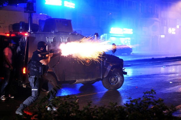 Riot police fires tear gas bomb to disperse protesters at Harbiye near Taksim square in Istanbul, on June 16, 2013. Riot police fires tear gas bomb to disperse protesters at Harbiye near Taksim square in Istanbul, on June 16, 2013.