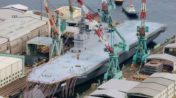 An aerial view of Japan Maritime Self-Defense Force's new helicopter destroyer, DDH183 Izumo, is seen at its launching ceremony in Yokohama An aerial view of Japan Maritime Self-Defense Force's new helicopter destroyer, DDH183 Izumo, is seen at its launching ceremony in Yokohama