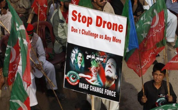 PTI workers staging protest against US drone attacks in Pakistan.