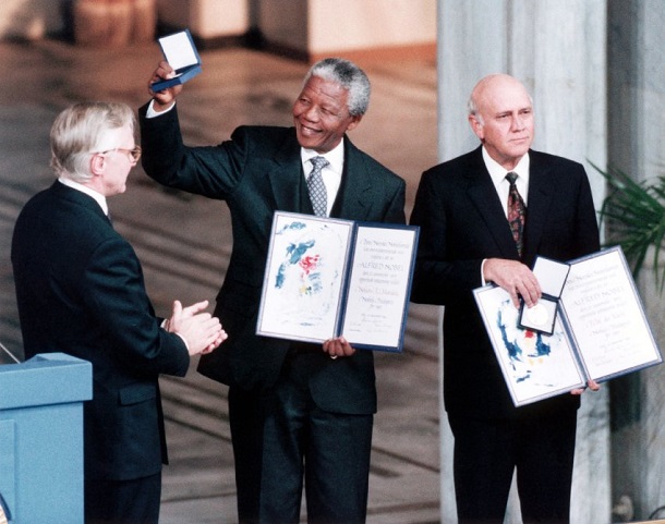 Mandela and De Klerk Hold Nobel Peace Prize Mandela and De Klerk Hold Nobel Peace Prize