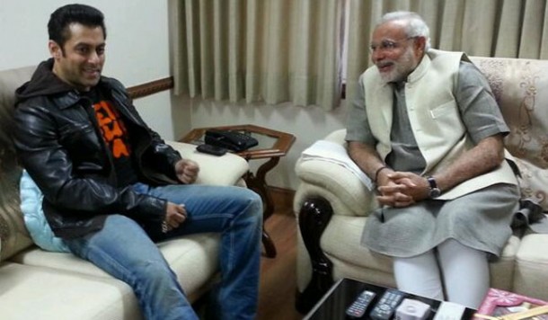 Indian film actor Salman Khan interacting with Narendra Modi.  