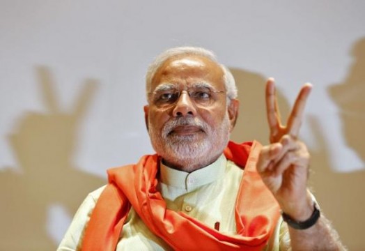 Would-be Indian PM Narendra Modi signalling victory.