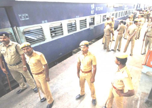 Security men at a railway station in India, where blasts took place. 