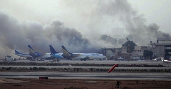 Smoke billows from Karachi Airport in Pakistan.
