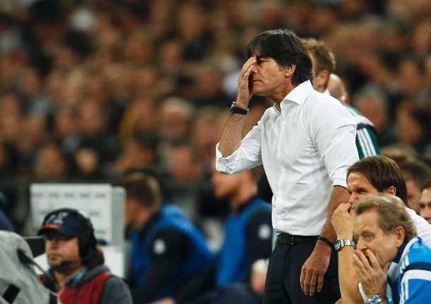 German national team coach Löw reacts during their Euro 2016 Group D qualification match against Ireland in Gelsenkirchen