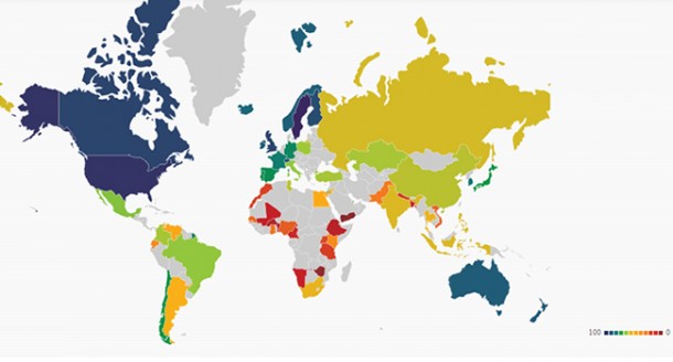 Internetin teknolojik ve sosyal etkisi web indexi - Lacivertten kırmızıya doğru internet kullanımının teknolojik ve sosyal etkisi ülkelere göre azalarak gidiyor
