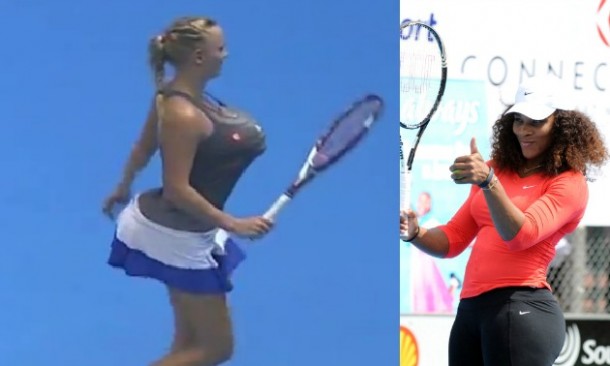 caroline-wozniacki-serena-williams-taklit-nationalturk-0455 Wozniacki Brezilya'da gösteri maçında Serena taklidi yaptı, başına iş aldı