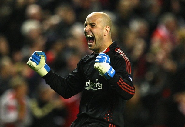 LIVERPOOL, UNITED KINGDOM - MARCH 10: Pepe Reina of Liverpool celebrates during the UEFA Champions League Round of Sixteen, Second Leg match between Liverpool and Real Madrid at Anfield on March 10, 2009 in Liverpool, England. (Photo by Laurence Griffiths/Getty Images)