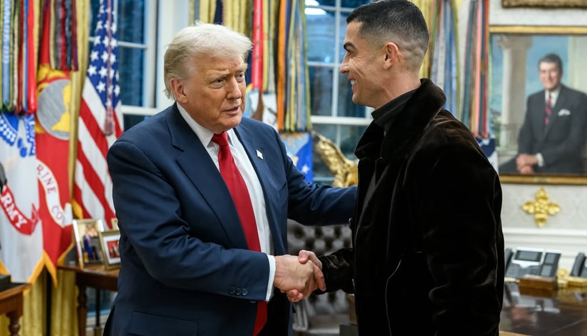 US President Donald Trump posted an AI-created clip showing him and Cristiano Ronaldo kicking a ball around inside the Oval Office.