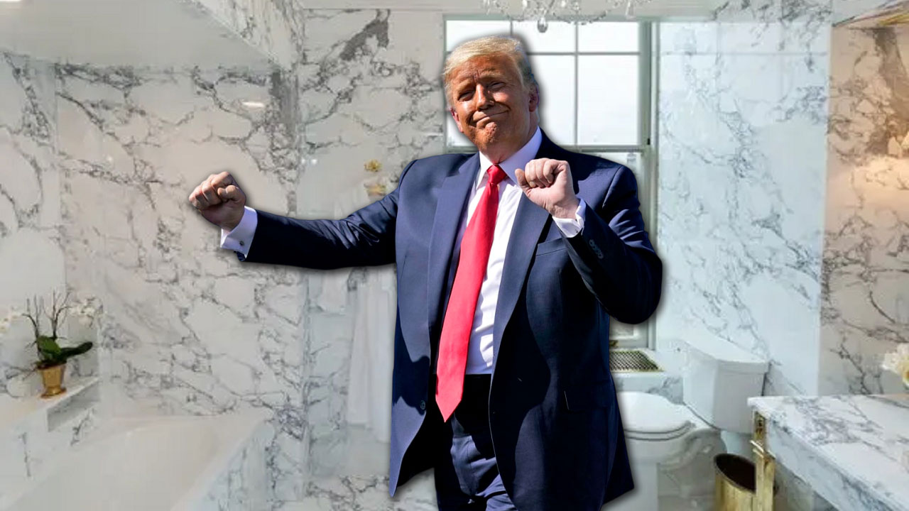 President Donald Trump has revealed the newly renovated Lincoln Bathroom, featuring black-and-white marble and gold fixtures.