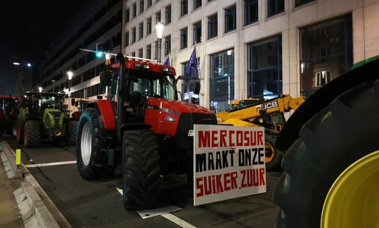 Farmers blocked Brussels roads with tractors during an EU summit, protesting the Mercosur deal they say threatens agriculture.