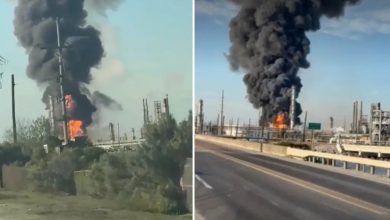 A powerful explosion at an oil refinery in Port Arthur, Texas, triggered a fire and sent thick black smoke into the sky.