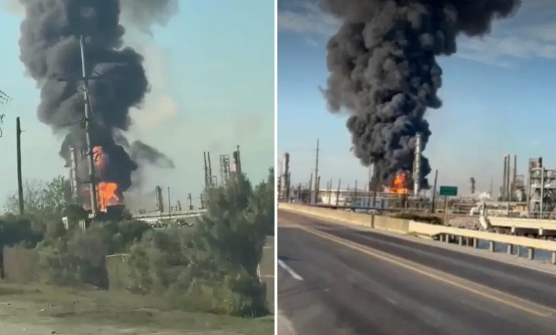 A powerful explosion at an oil refinery in Port Arthur, Texas, triggered a fire and sent thick black smoke into the sky.