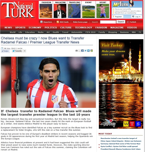 NationalTurk İngilizce haber sitesinin 6 Temmuz 2012 Tarihli Falcao'nun transferi ile ilgili haberi