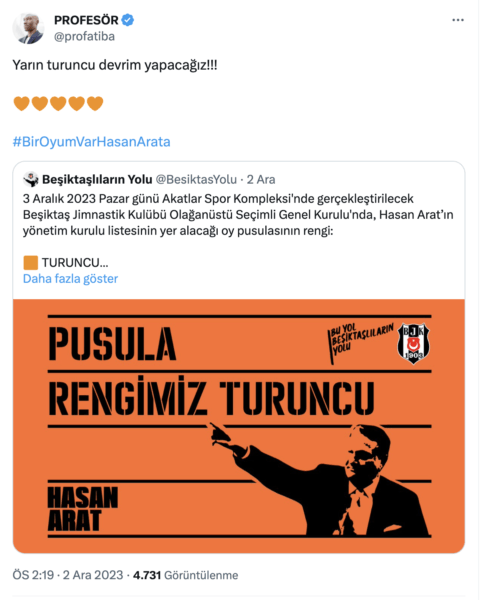Tolga Şardan: Beşiktaş’ta “Turuncu Devrim" Hasan Arat kazandı. 7 Hasan Arat’ın listesi turuncu, Adalı’nın ise beyazdı. Arat’ın “turuncu liste”yle seçimi kazanması, 2004’te Ukrayna’da yaşanan ve yönetimin değişmesine neden olan “Turuncu Devrim”i akıllara getirdi diğer yandan da.