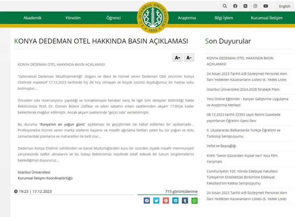 istanbul universitesi dedeman