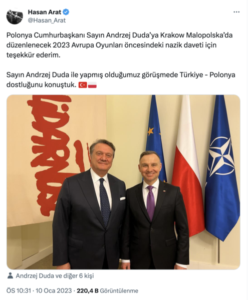 Polonya Cumhurbaşkanı Sayın Andrzej Duda’ya Krakow Malopolska’da düzenlenecek 2023 Avrupa Oyunları öncesindeki nazik daveti için teşekkür ederim. 