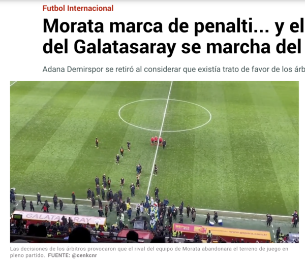 "Türk futbolunda skandal! Morata penaltıdan golü attı. Rakip takım Adana Demirspor sahadan çekildi."
