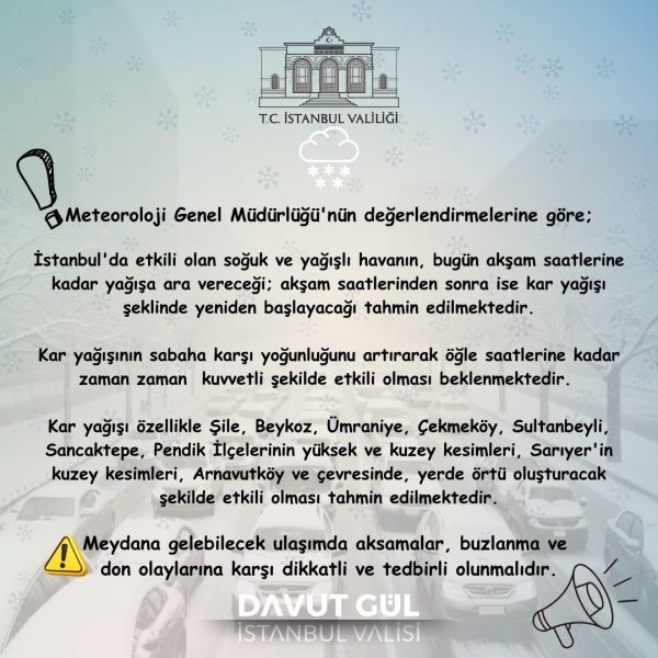 İstanbul Valiliği, akşam saatlerinden itibaren kent genelinde kar yağışının yeniden etkili olacağı uyarısında bulundu