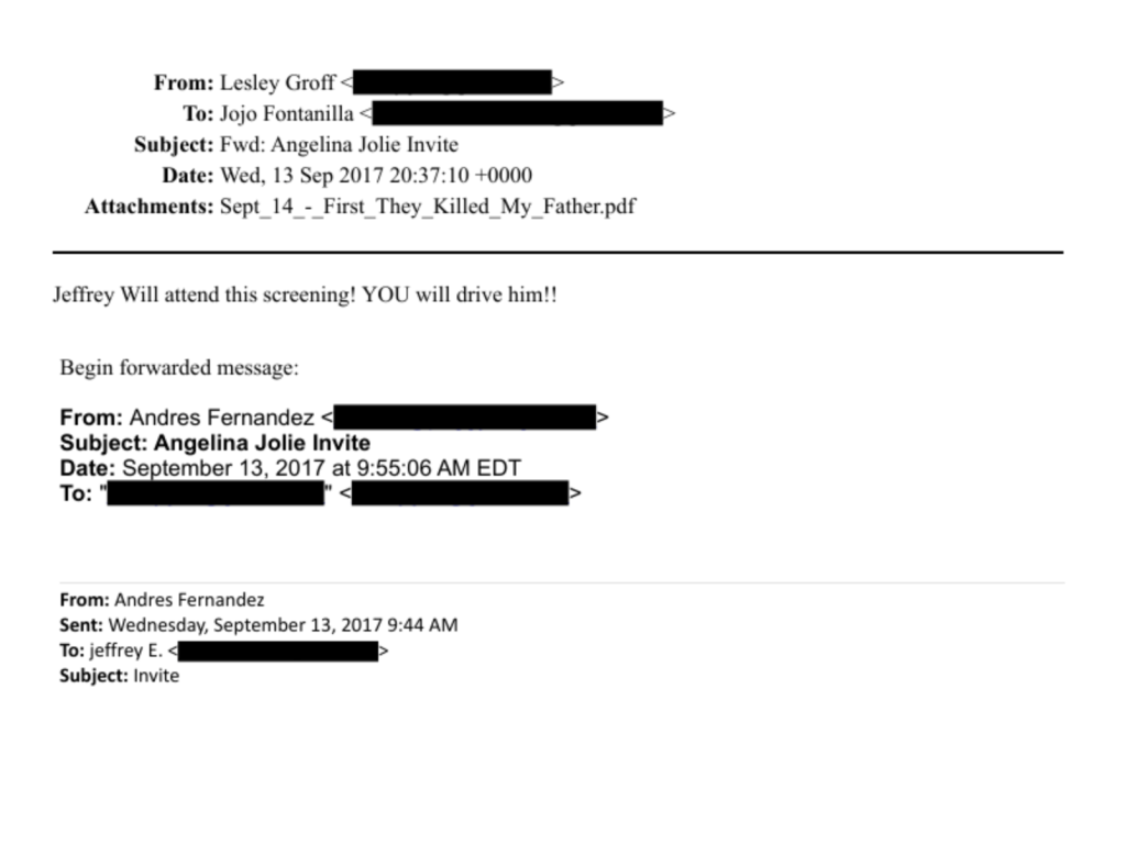 Ünlü oyuncu Angelina Jolie, 2014 ve 2017 yıllarında vizyona giren filmlerinin galalarına finansçı Jeffrey Epstein'ı iki kez davet etmiş.