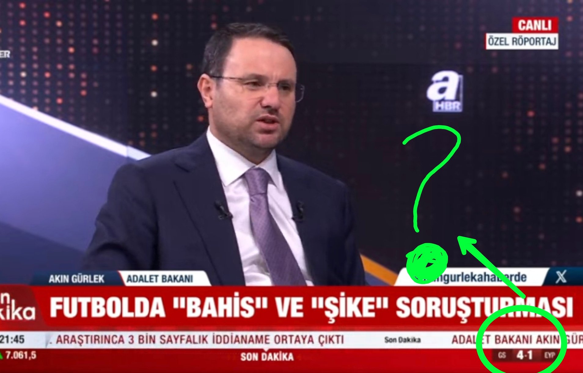 Akın Gürlek: Kökünü kazıyacağız 1 Adalet Bakanlığı görevine getirilmesinin ardından ilk kez canlı yayında açıklamalarda bulunan Akın Gürlek, bahis ve şike ile ilgili konuştu