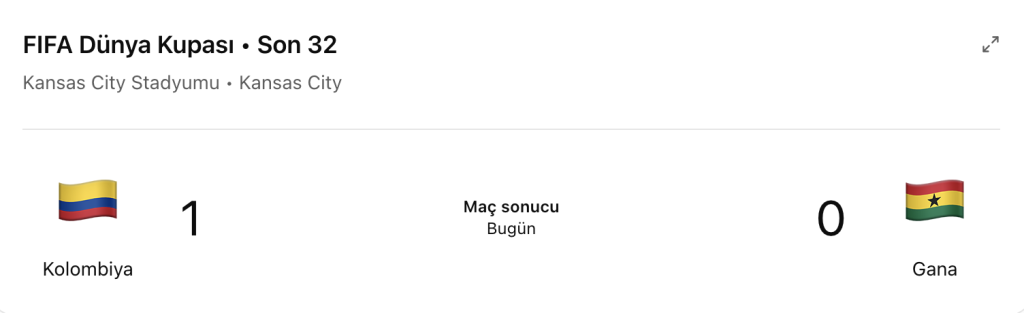 Kolombiya tek golle yürüdü, Gana hücumda sessiz kaldı 4 2026 Dünya Kupası son 32 turunda Kolombiya, Jhon Arias’ın 14. dakikadaki golüyle Gana’yı 1-0 mağlup etti. Kolombiya son 16’da İsviçre ile eşleşti.